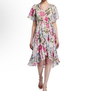 CALVIN KLEIN Women's Chiffon Floral Flutter Sleeves Wrap Ruffle Dress Sz 14 NEW